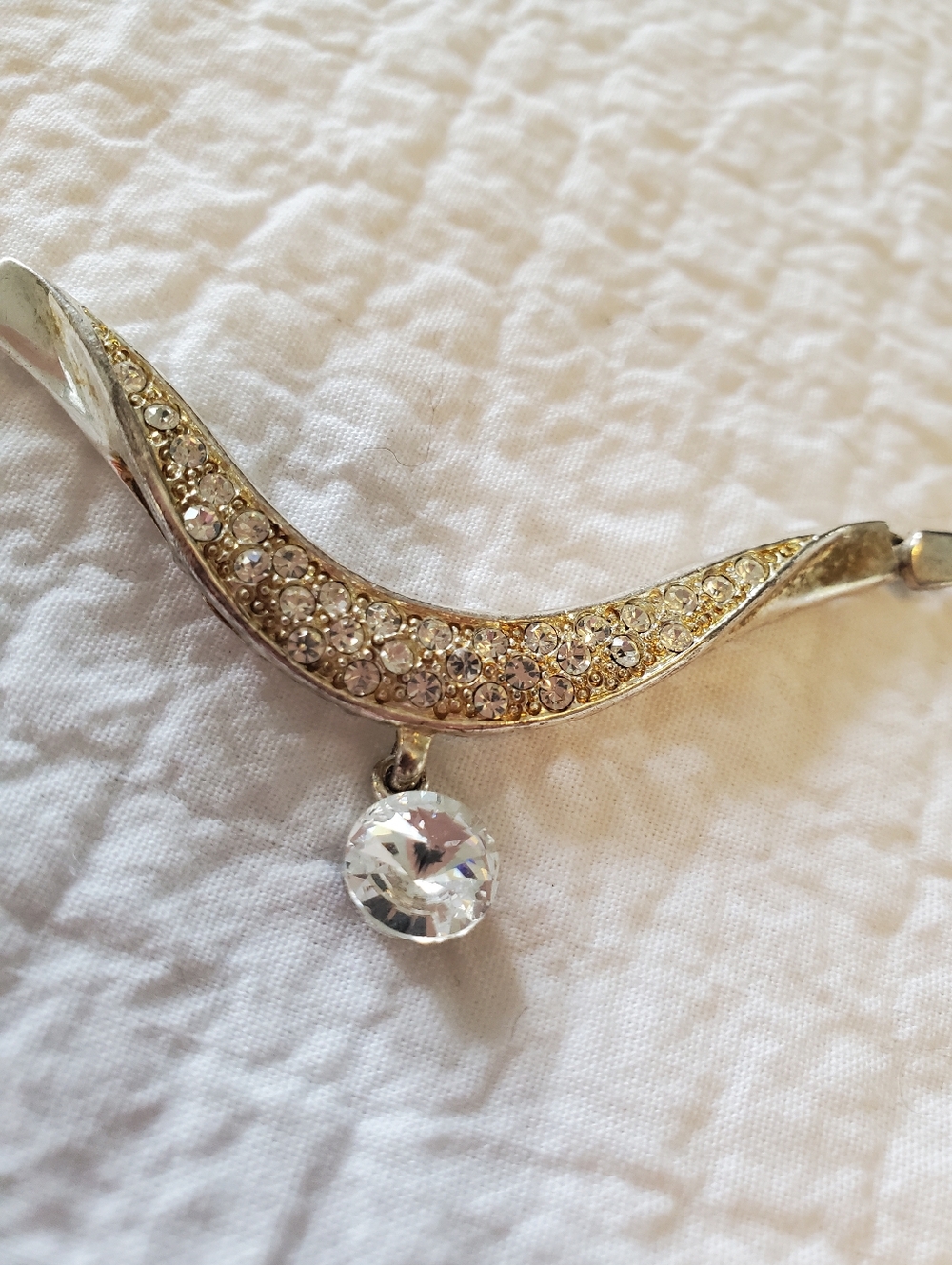 Silver-toned Necklace With Curved Rhinestone Set Piece And Dangling Crystal Drop